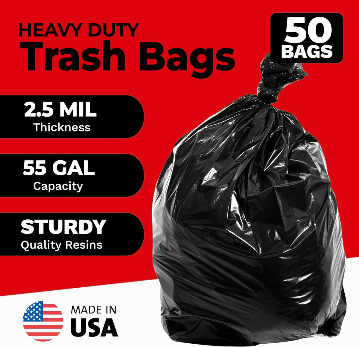 55-60 Gallon Heavy Duty Trash Bags, 50 Count, Black, 2.5 Mil N870289