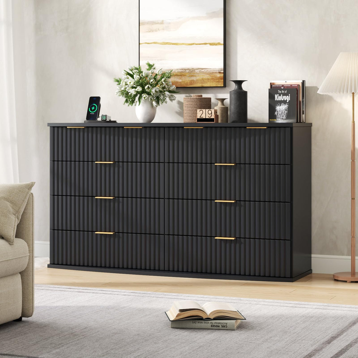 Black 8 Drawer Fluted Wood Dresser with Power Outlet K18676