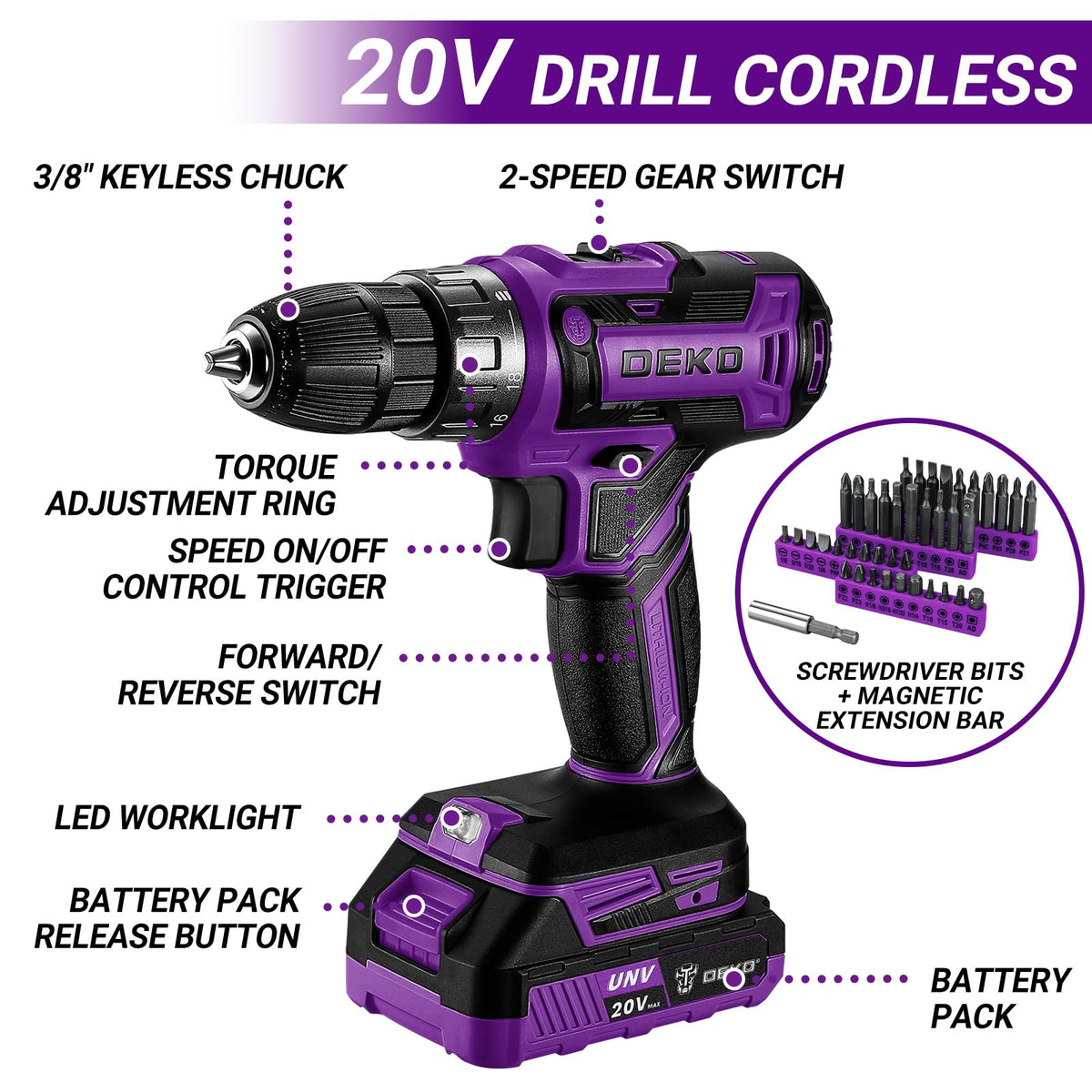 20V Cordless Power Drill Tool Kit Set with Battery S474
