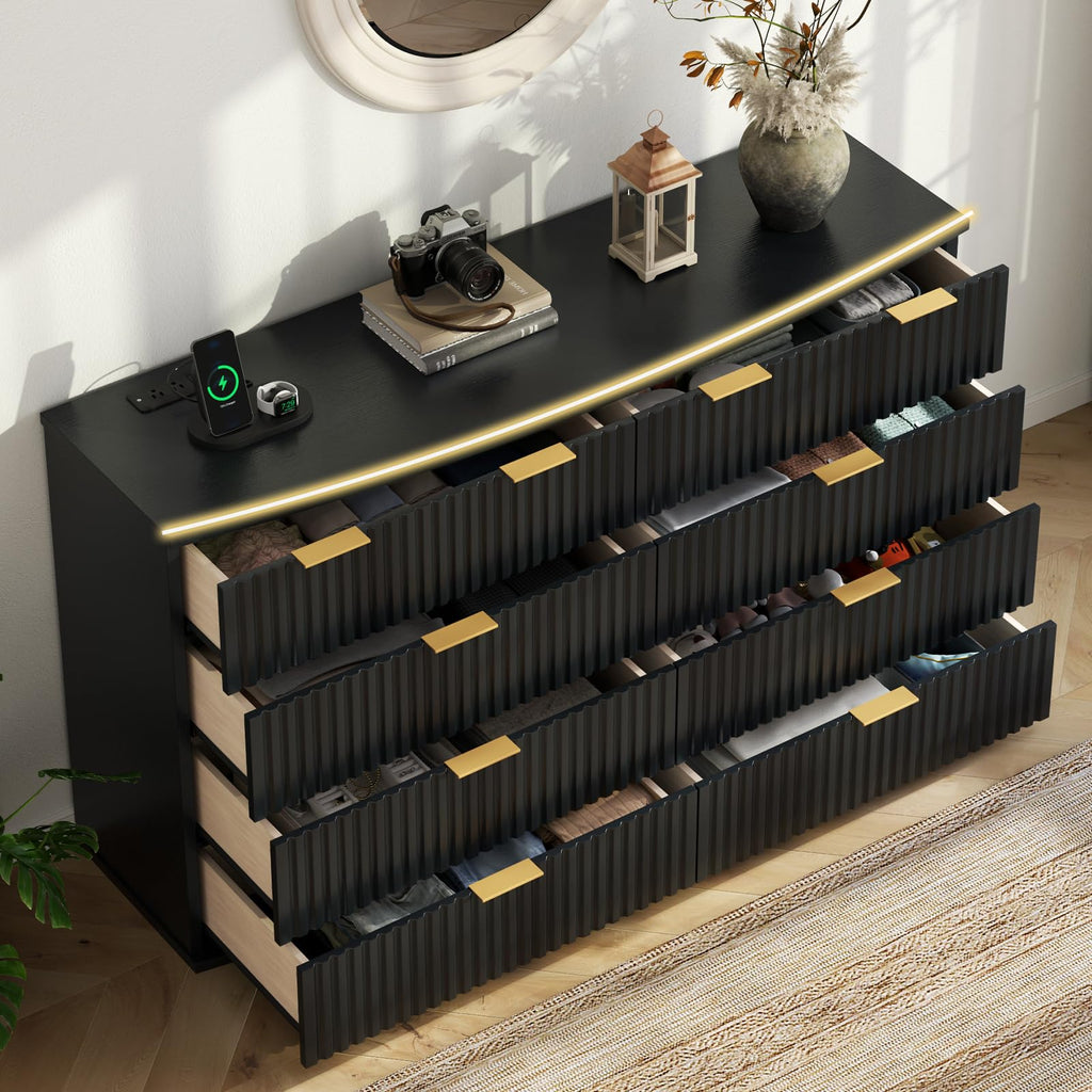 Black 8 Drawer Fluted Wood Dresser with Power Outlet K18676