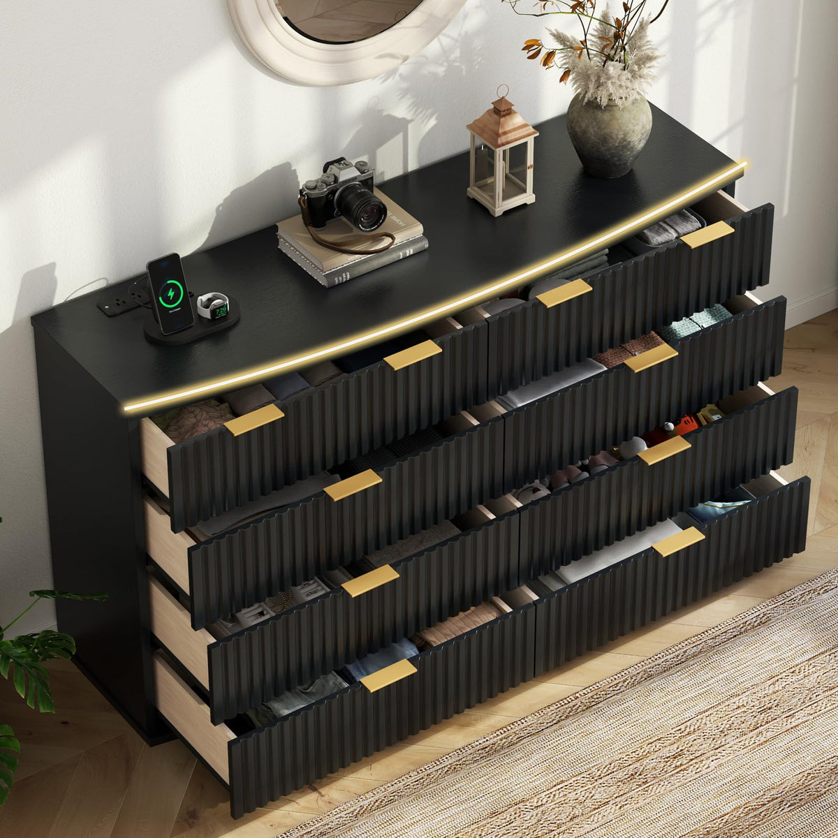 Black 8 Drawer Fluted Wood Dresser with Power Outlet K18676