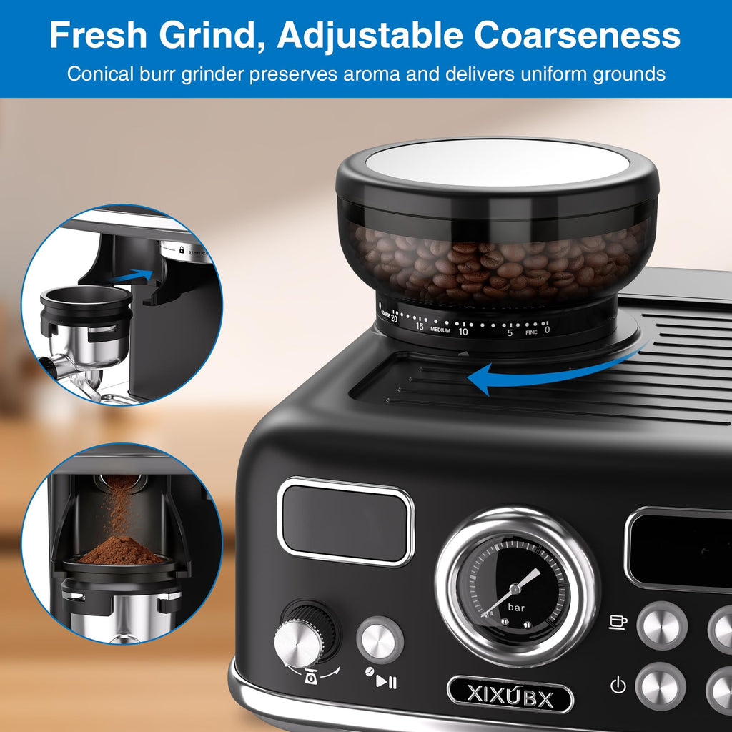 Espresso Machine with Grinder, PID & Programmable Settings, Black B15905
