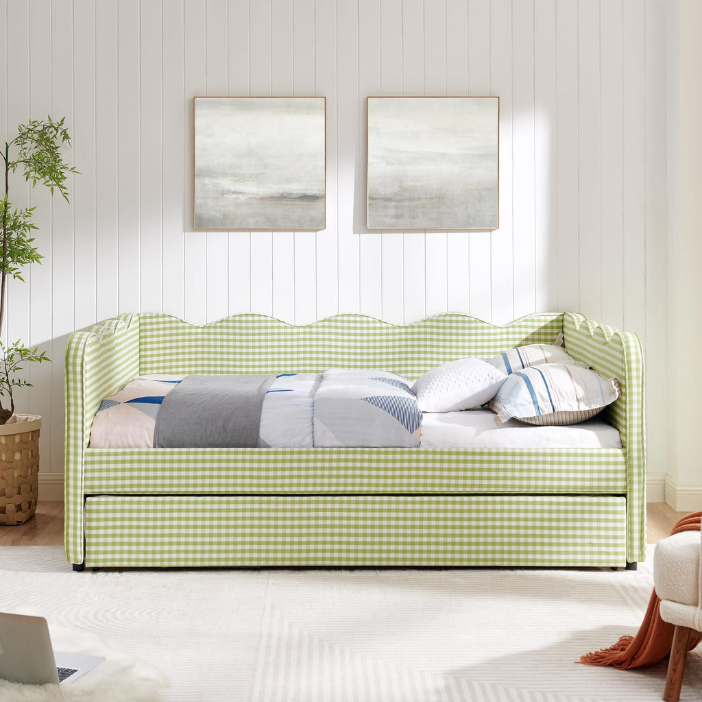 Green Gingham Full to King Upholstered Daybed with Trundle I227