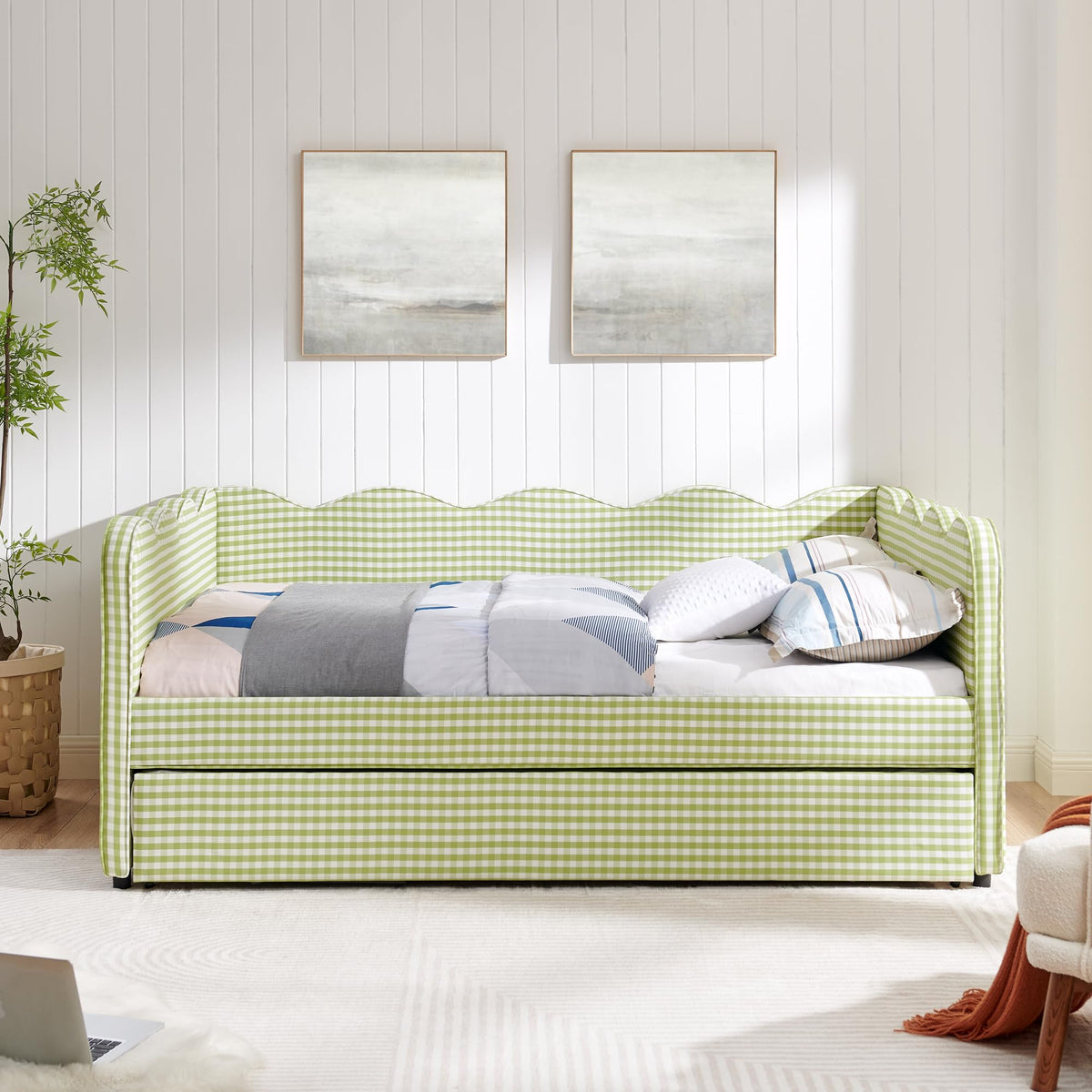 Green Gingham Full to King Upholstered Daybed with Trundle I227