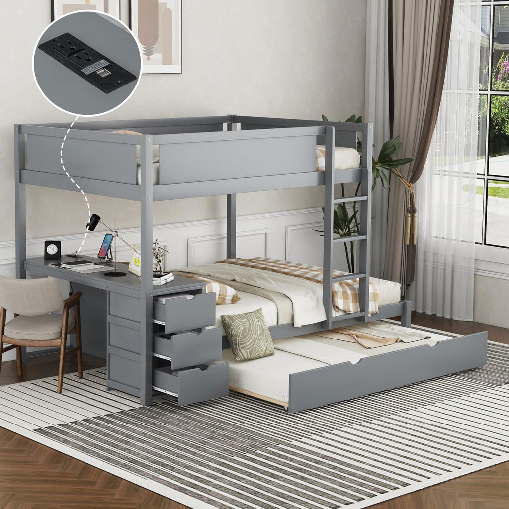 Gray Wood Full Over Full Bunk Bed with Twin Trundle Z381