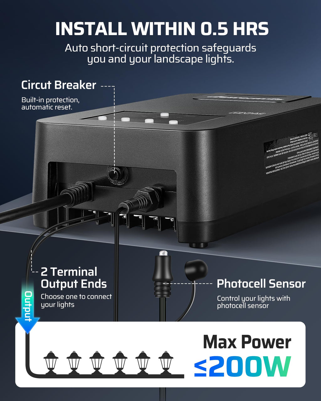 200W Low Voltage Transformer with Photocell Sensor & Timer V3310