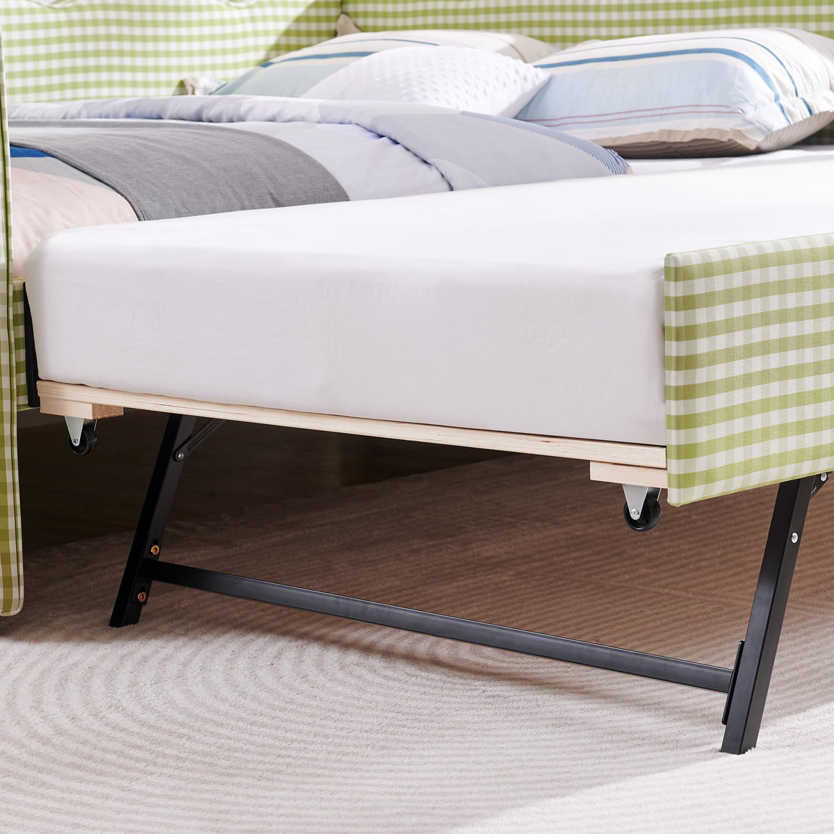 Green Gingham Full to King Upholstered Daybed with Trundle I227