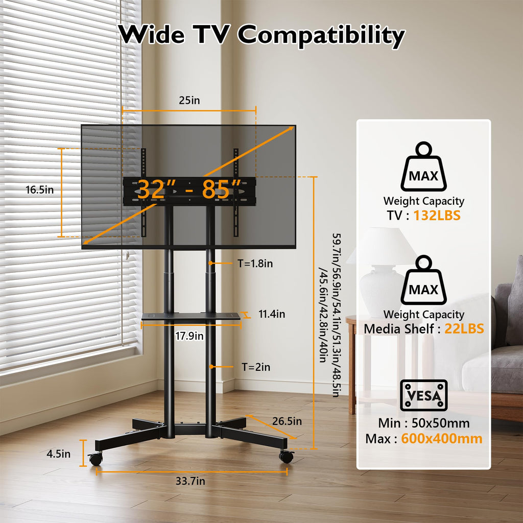 Rolling TV Stand with Tilt, Black H314