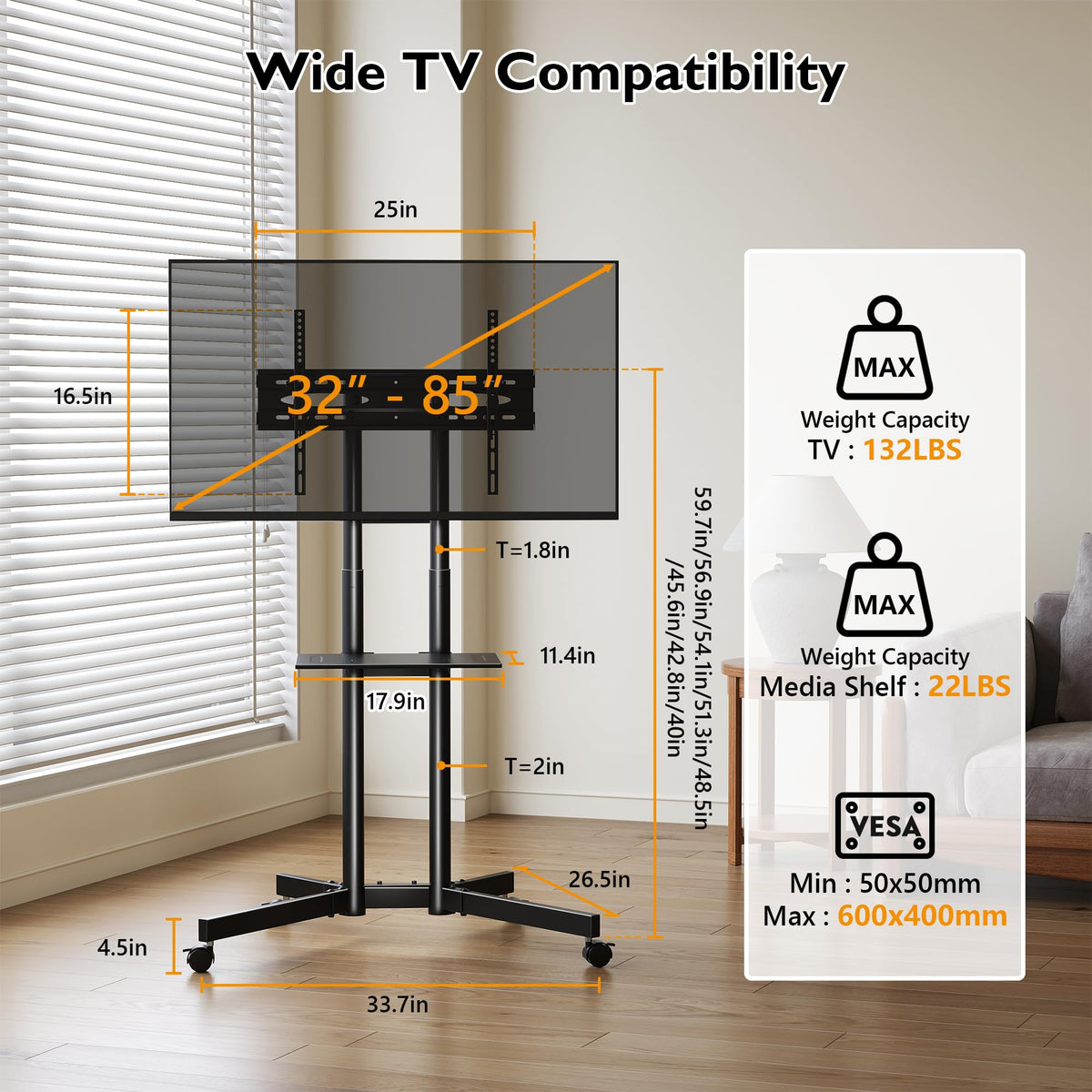 Rolling TV Stand with Tilt, Black H314