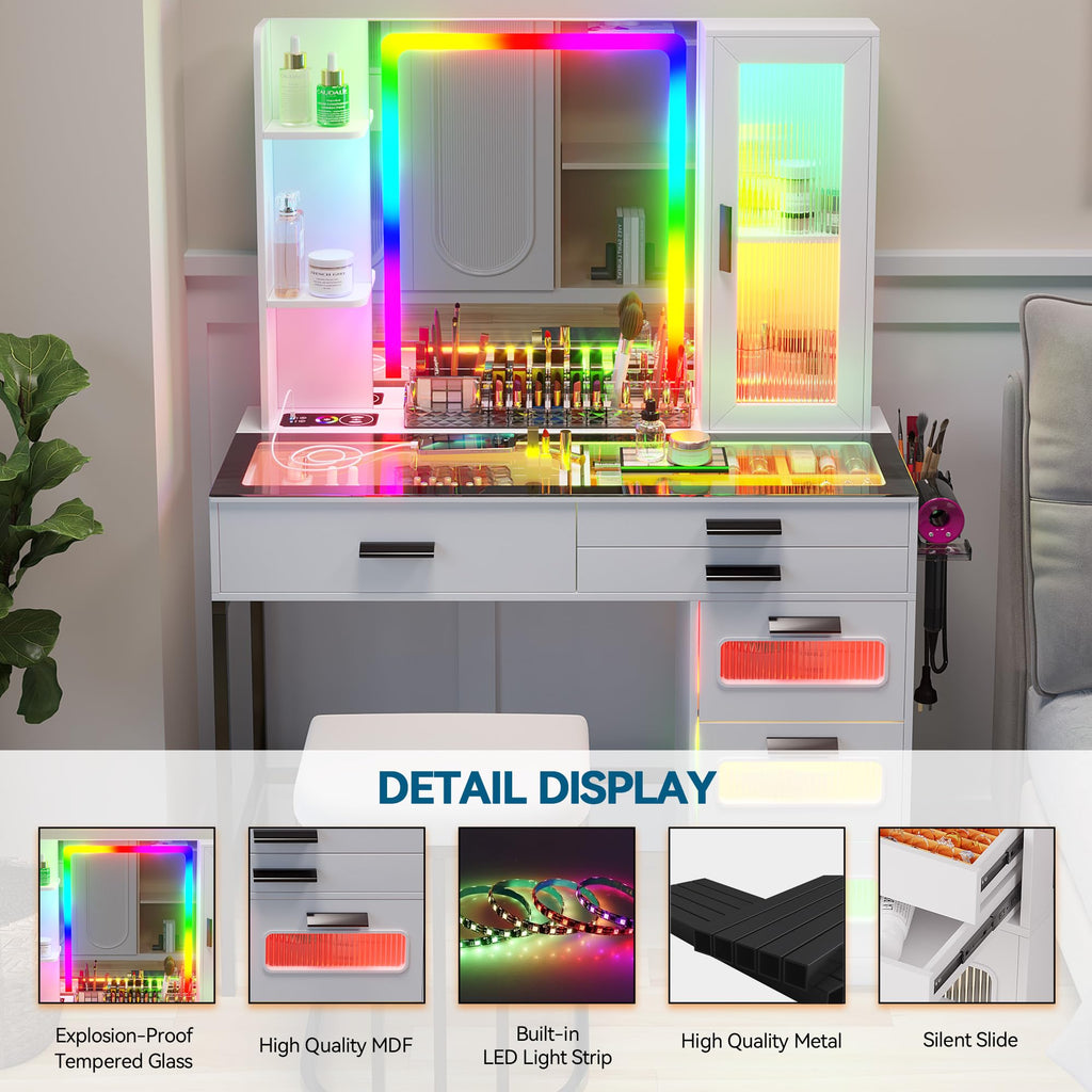 White Vanity Desk with Lighted Mirror and 6 Drawers B5634