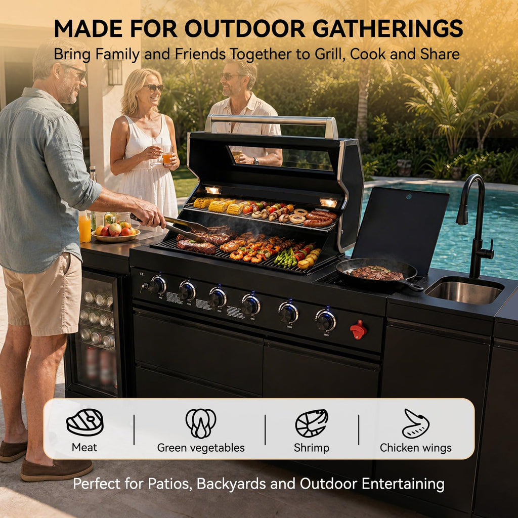 104" Modular Outdoor Kitchen Island with 4-Burner Propane Grill, Refrigerator, Sink, Storage Cabinets, and Granite Countertop W225