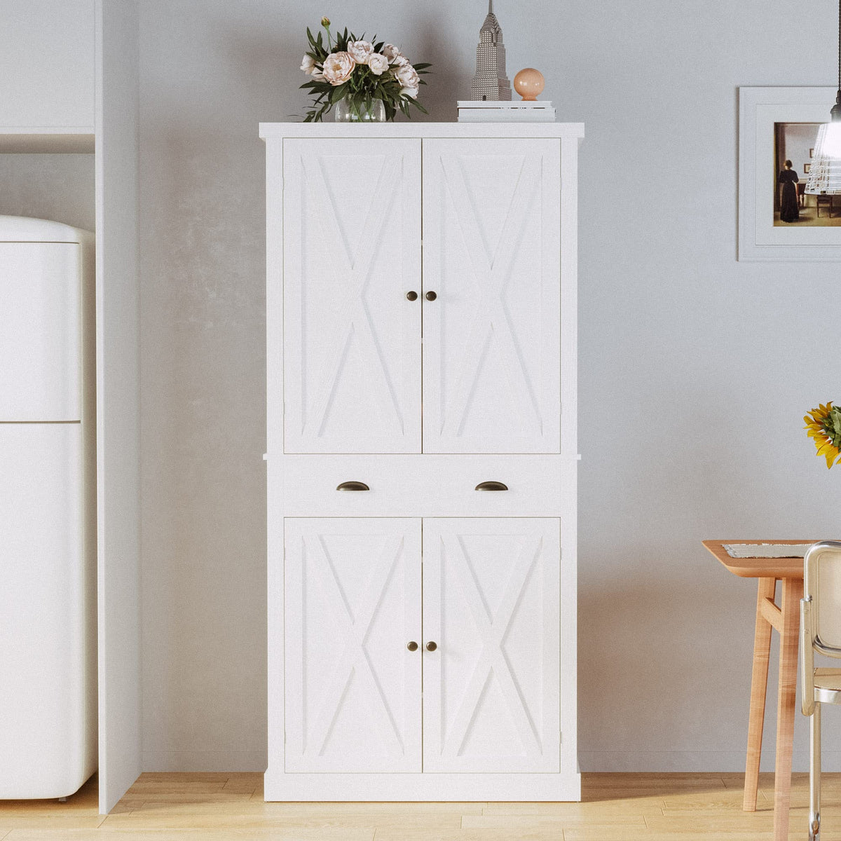 White Kitchen Pantry Storage Cabinet J77614