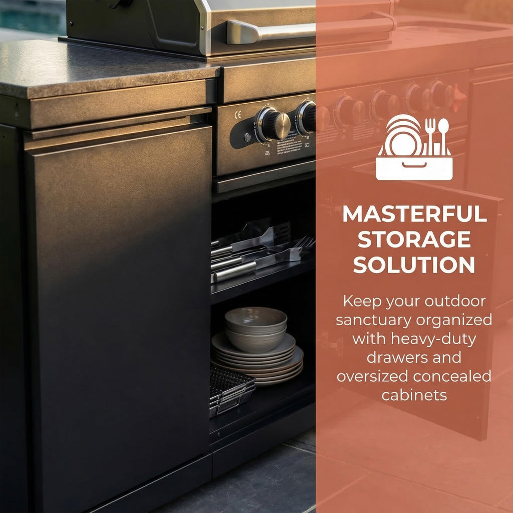 104" Modular Outdoor Kitchen Island with 4-Burner Propane Grill, Refrigerator, Sink, Storage Cabinets, and Granite Countertop W225