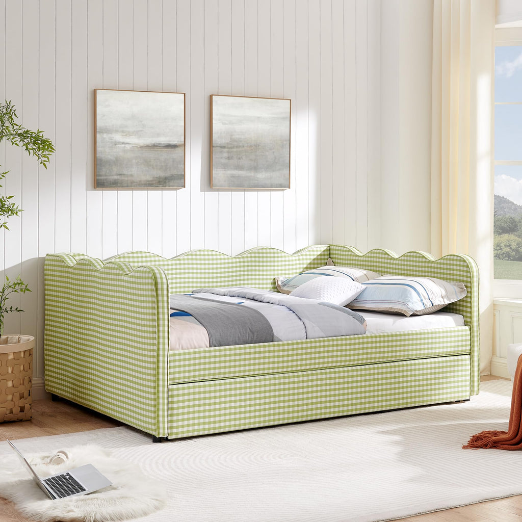 Green Gingham Full to King Upholstered Daybed with Trundle I227
