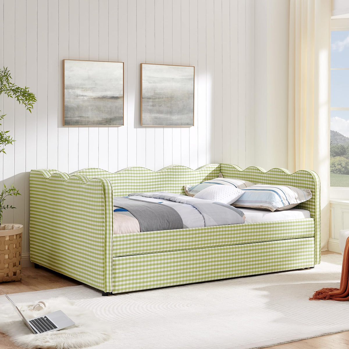 Green Gingham Full to King Upholstered Daybed with Trundle I227