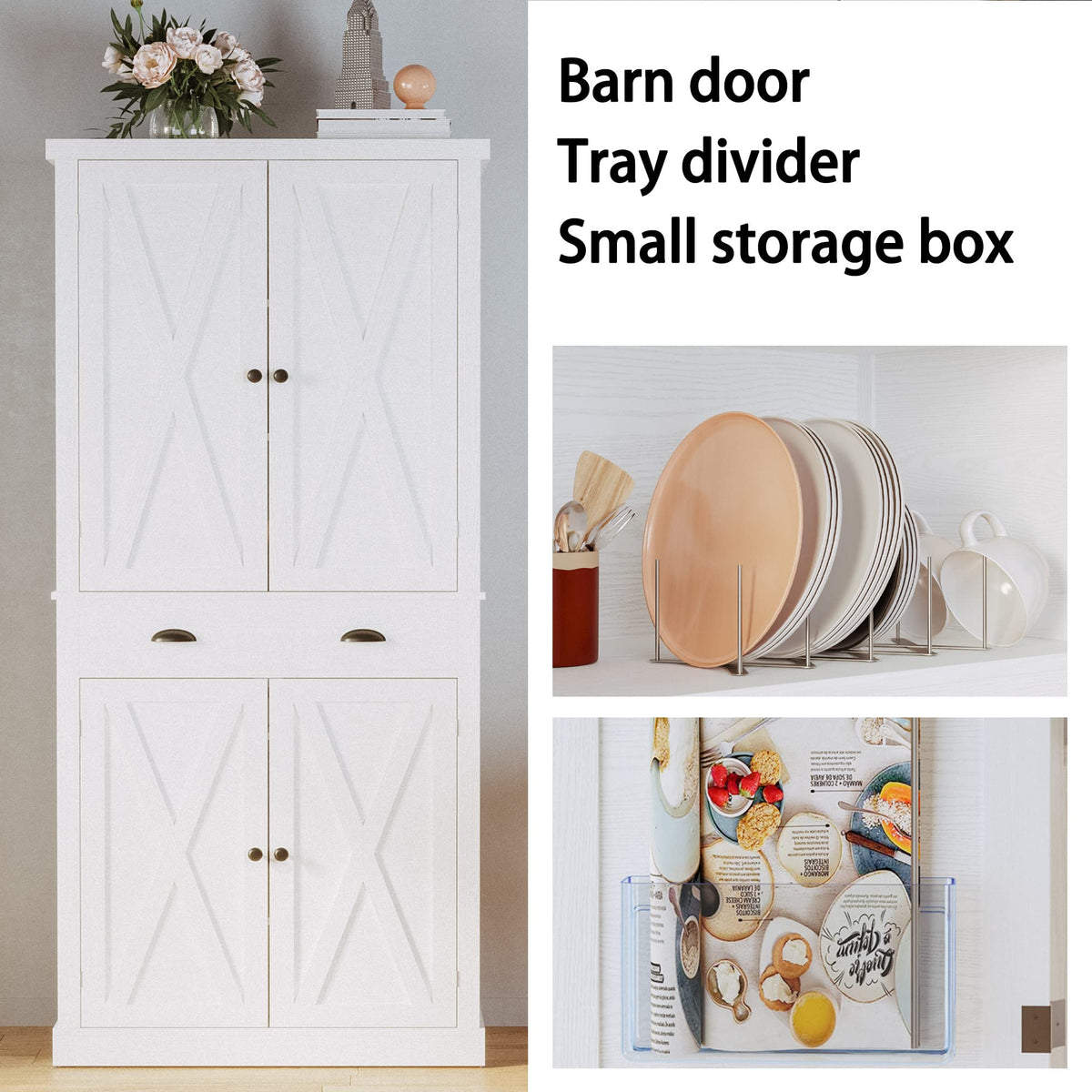 White Kitchen Pantry Storage Cabinet J77614