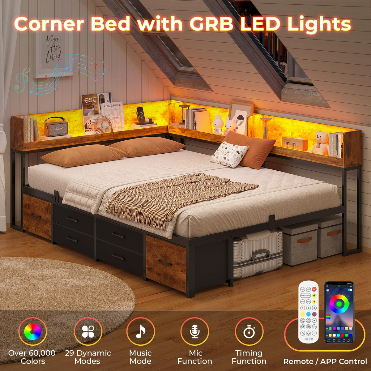 14 Inch Corner Bed Frame with Bookcase Storage, Full Daybed with 6 Drawers, Charging Station and LED Light, Black & Vintage Brown W460