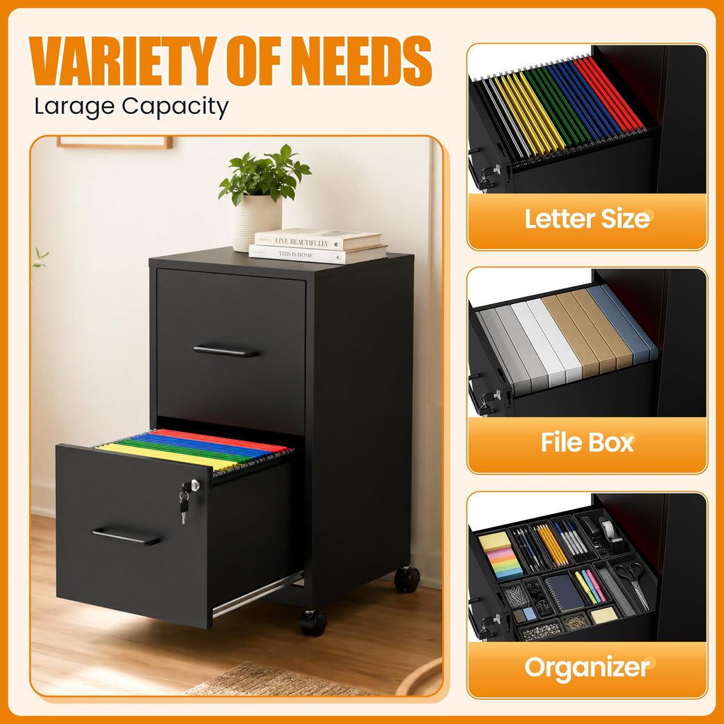 Black 2 Drawer Metal File Cabinet with Wheels and Lock P362045
