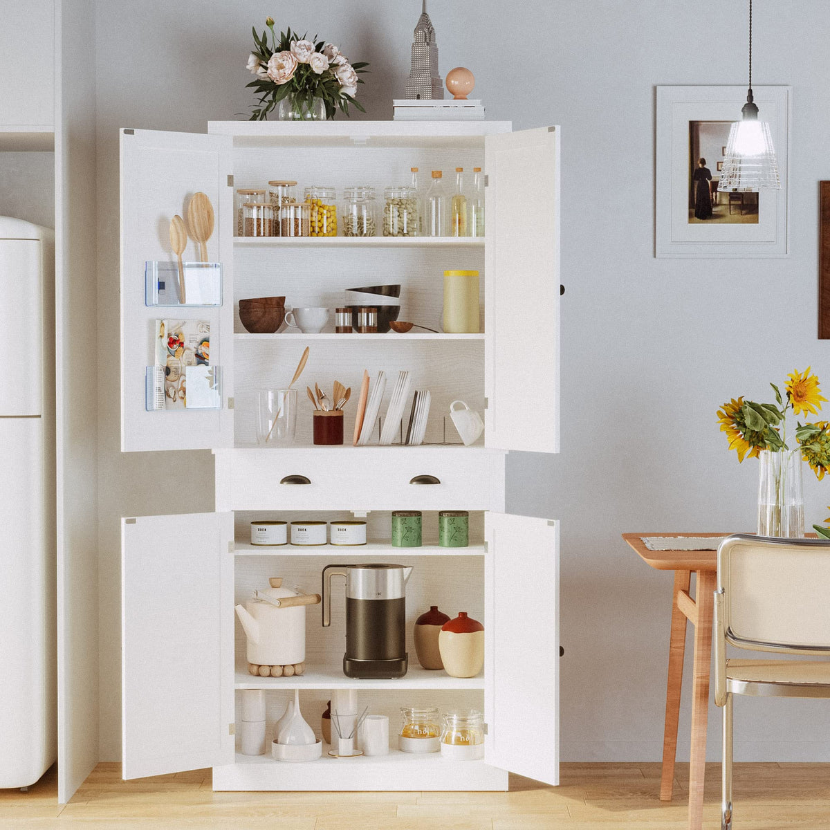 White Kitchen Pantry Storage Cabinet J77614