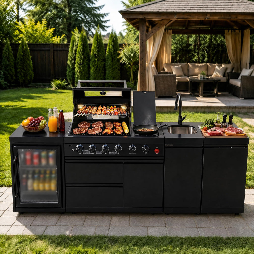 104" Modular Outdoor Kitchen Island with 4-Burner Propane Grill, Refrigerator, Sink, Storage Cabinets, and Granite Countertop W225