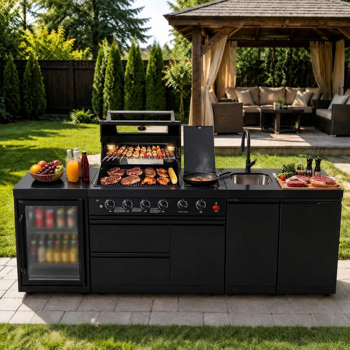 104" Modular Outdoor Kitchen Island with 4-Burner Propane Grill, Refrigerator, Sink, Storage Cabinets, and Granite Countertop W225