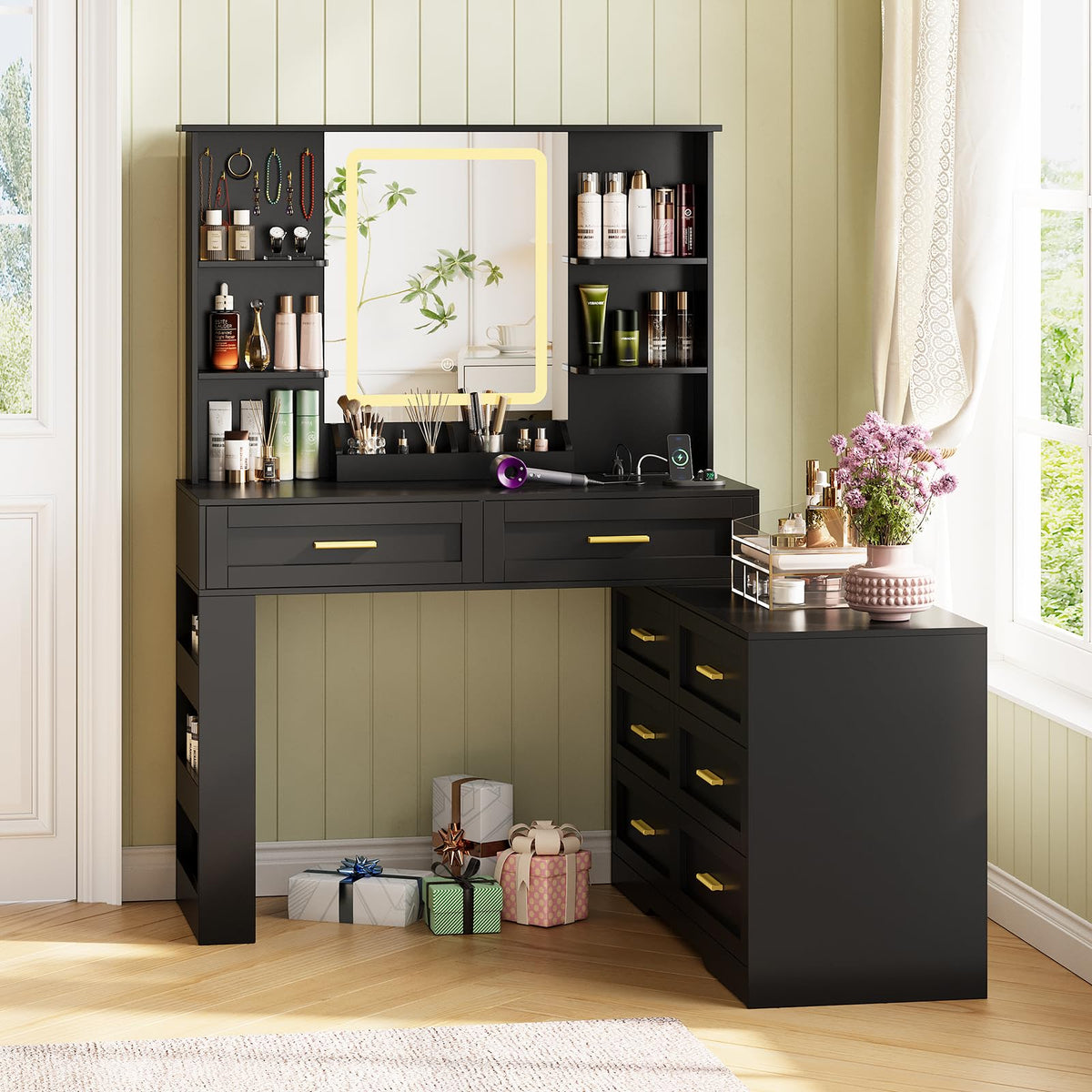 Black Makeup Vanity Desk with Mirror and Lights S33877