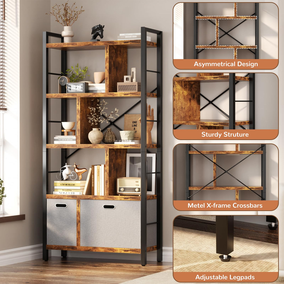 5 Tier Rustic Brown Bookshelf with Drawers R840
