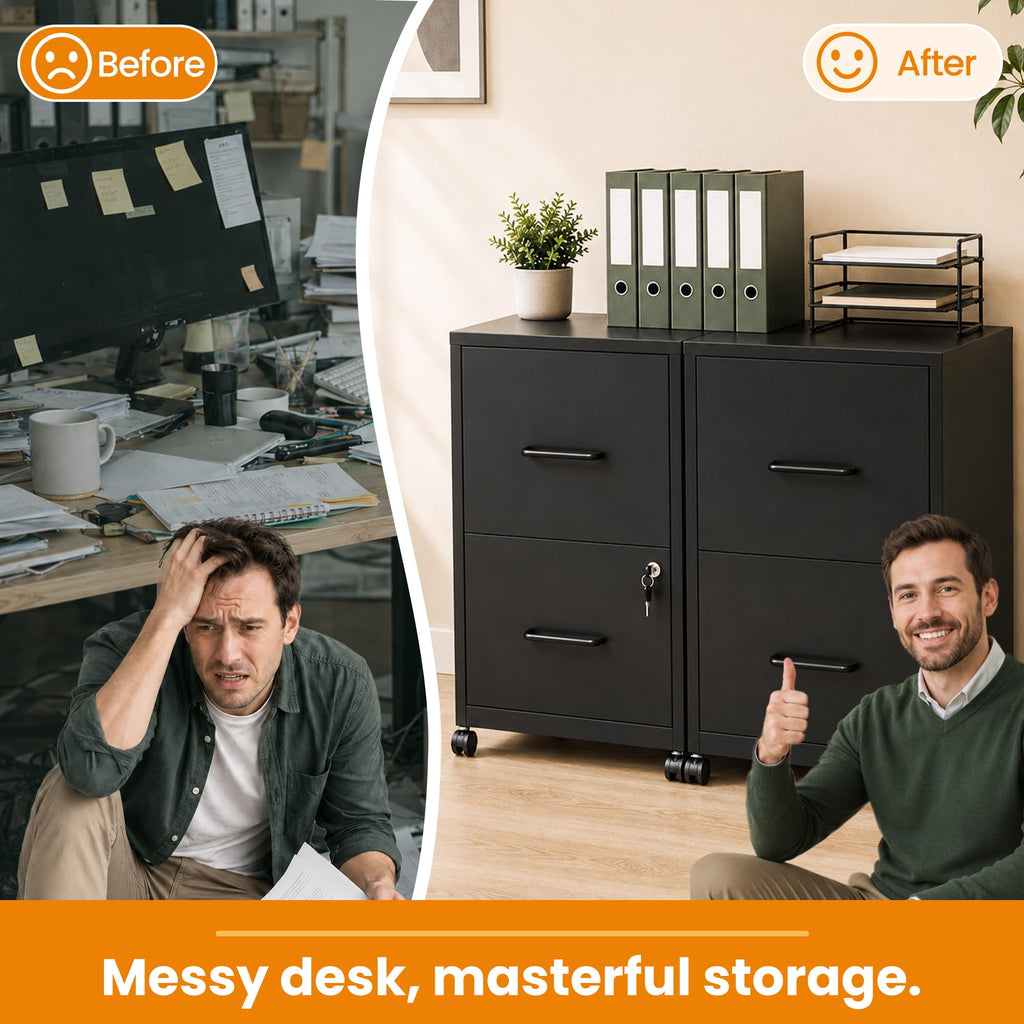 Black 2 Drawer Metal File Cabinet with Wheels and Lock P362045
