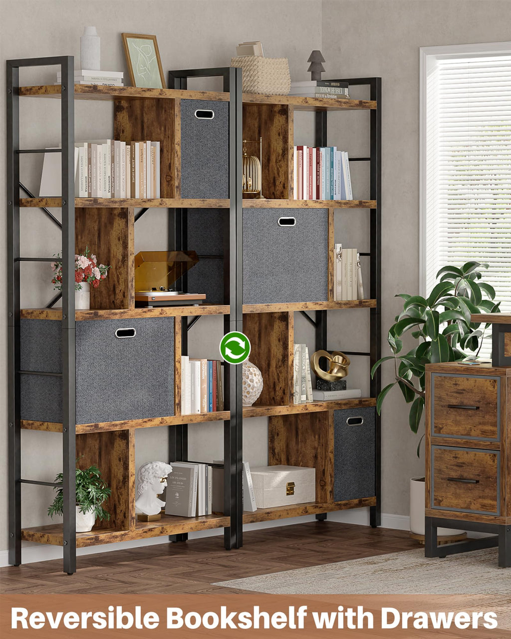 5 Tier Rustic Brown Bookshelf with Drawers R840