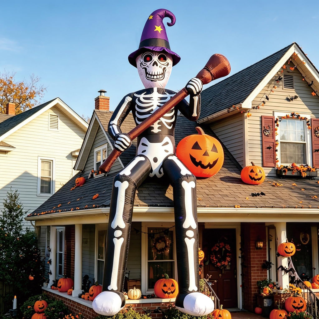 12 FT Halloween Inflatable Skeleton Wizard with Broom & Pumpkin B43903