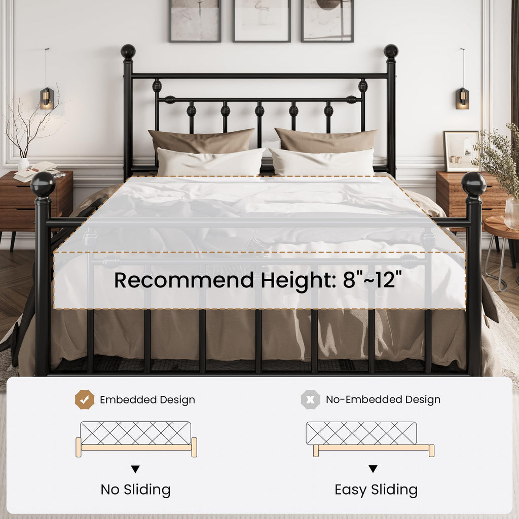14" Full Size Black Metal Platform Bed Frame with Headboard and Footboard D8673
