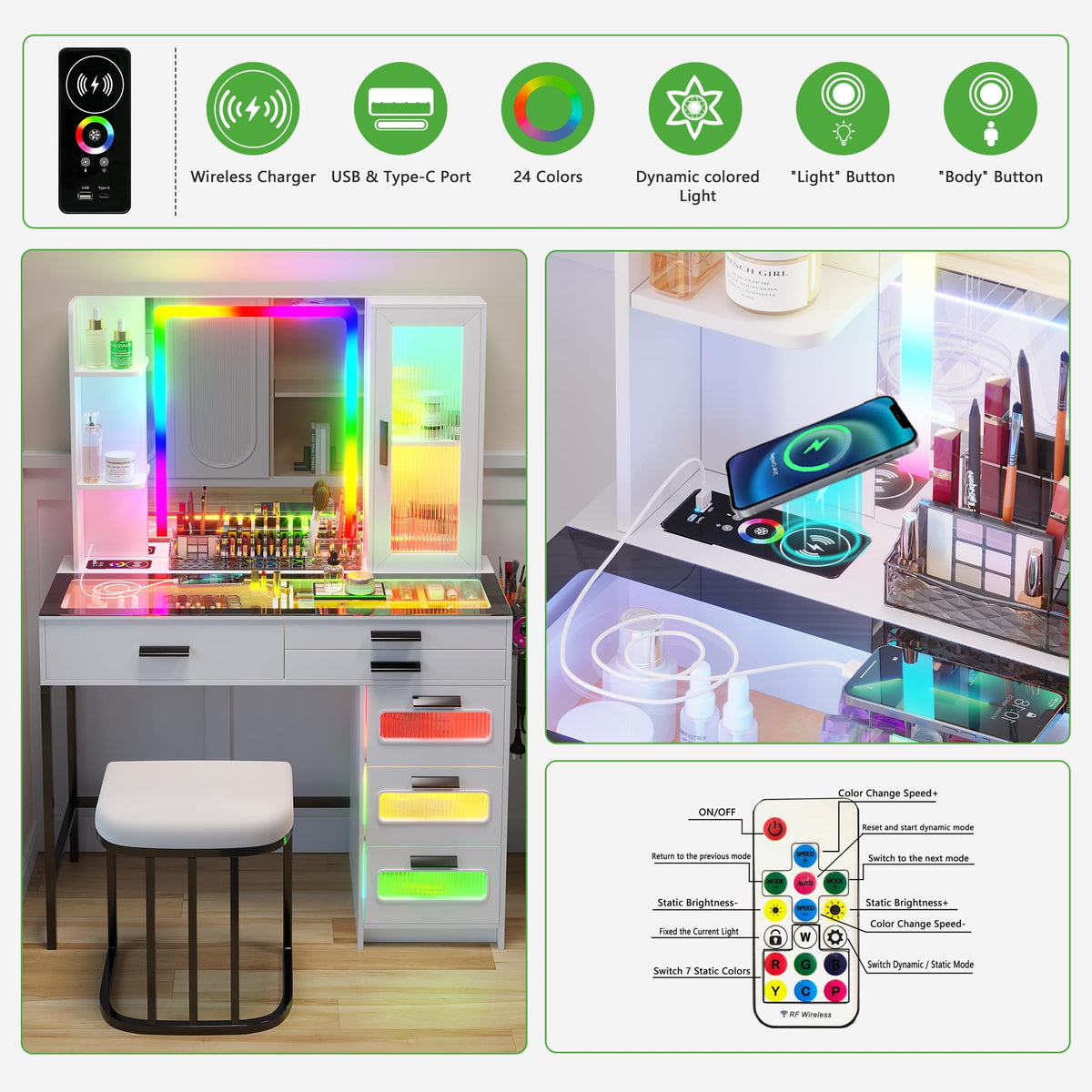 White Vanity Desk with Lighted Mirror and 6 Drawers B5634