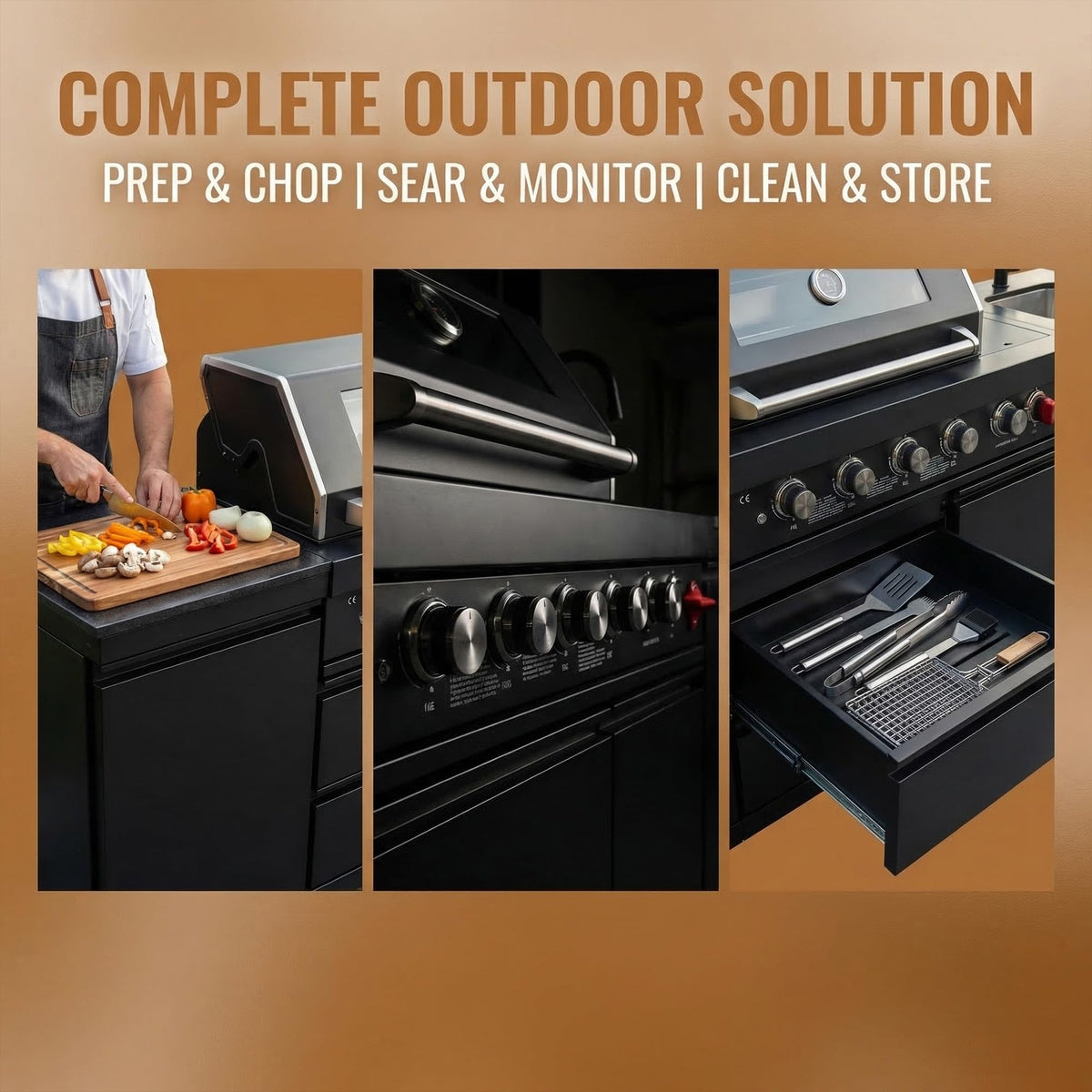 104" Modular Outdoor Kitchen Island with 4-Burner Propane Grill, Refrigerator, Sink, Storage Cabinets, and Granite Countertop W225