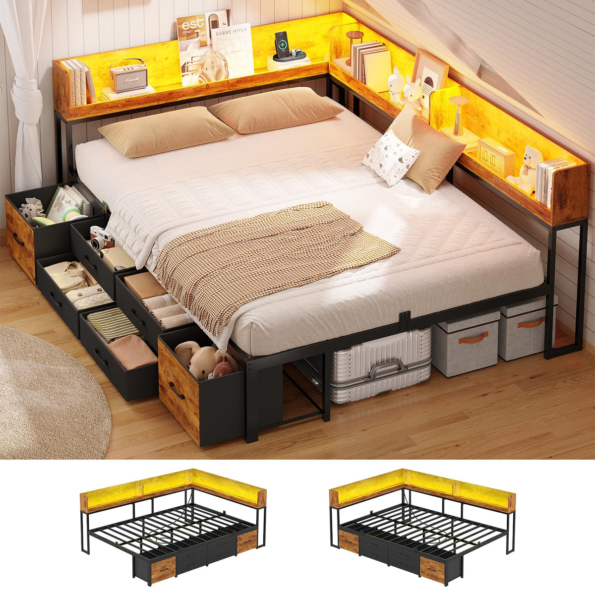 14 Inch Corner Bed Frame with Bookcase Storage, Full Daybed with 6 Drawers, Charging Station and LED Light, Black & Vintage Brown W460