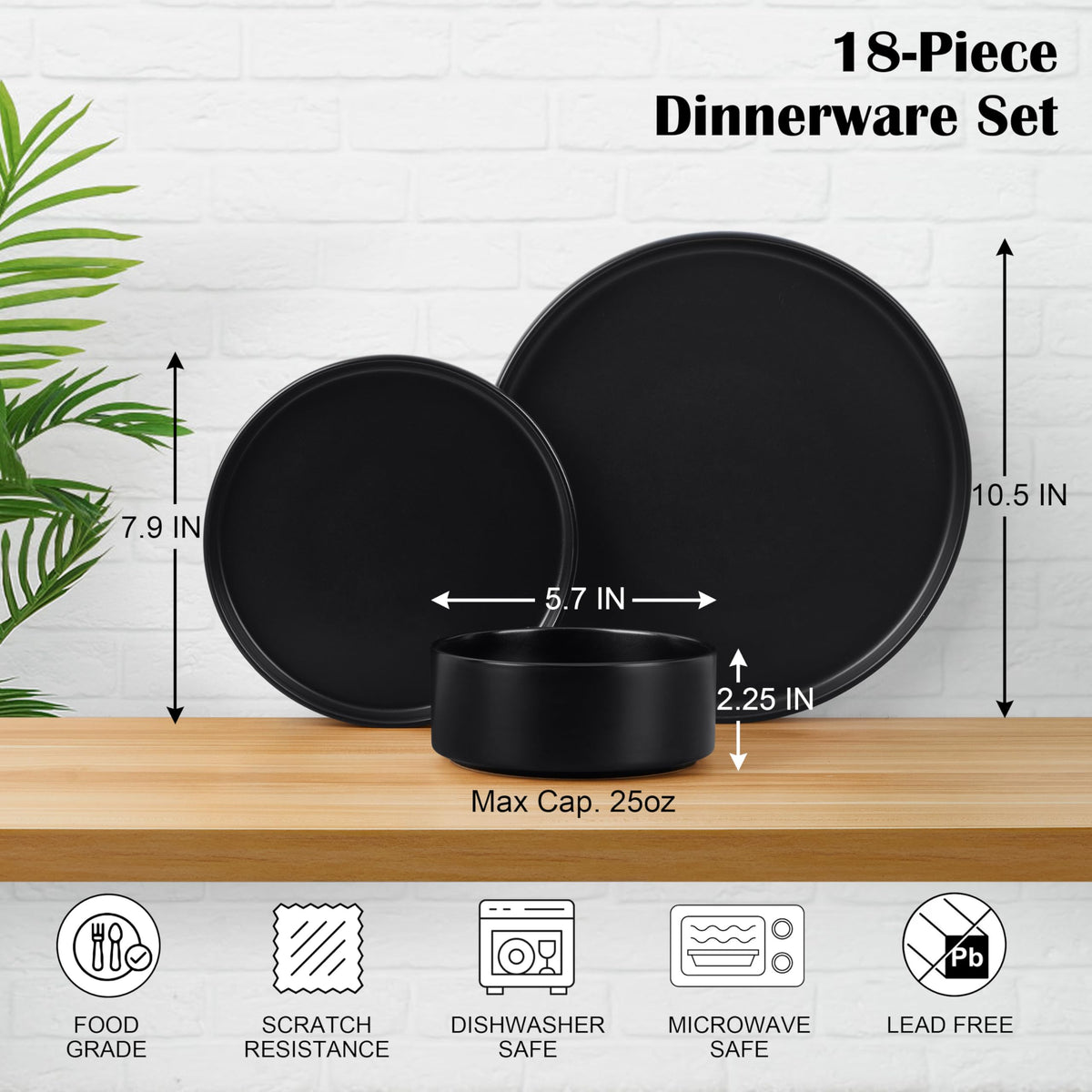 Black 18-Piece Stoneware Dinnerware Set for 6 P225582