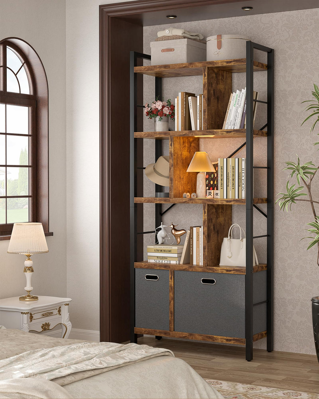 5 Tier Rustic Brown Bookshelf with Drawers R840