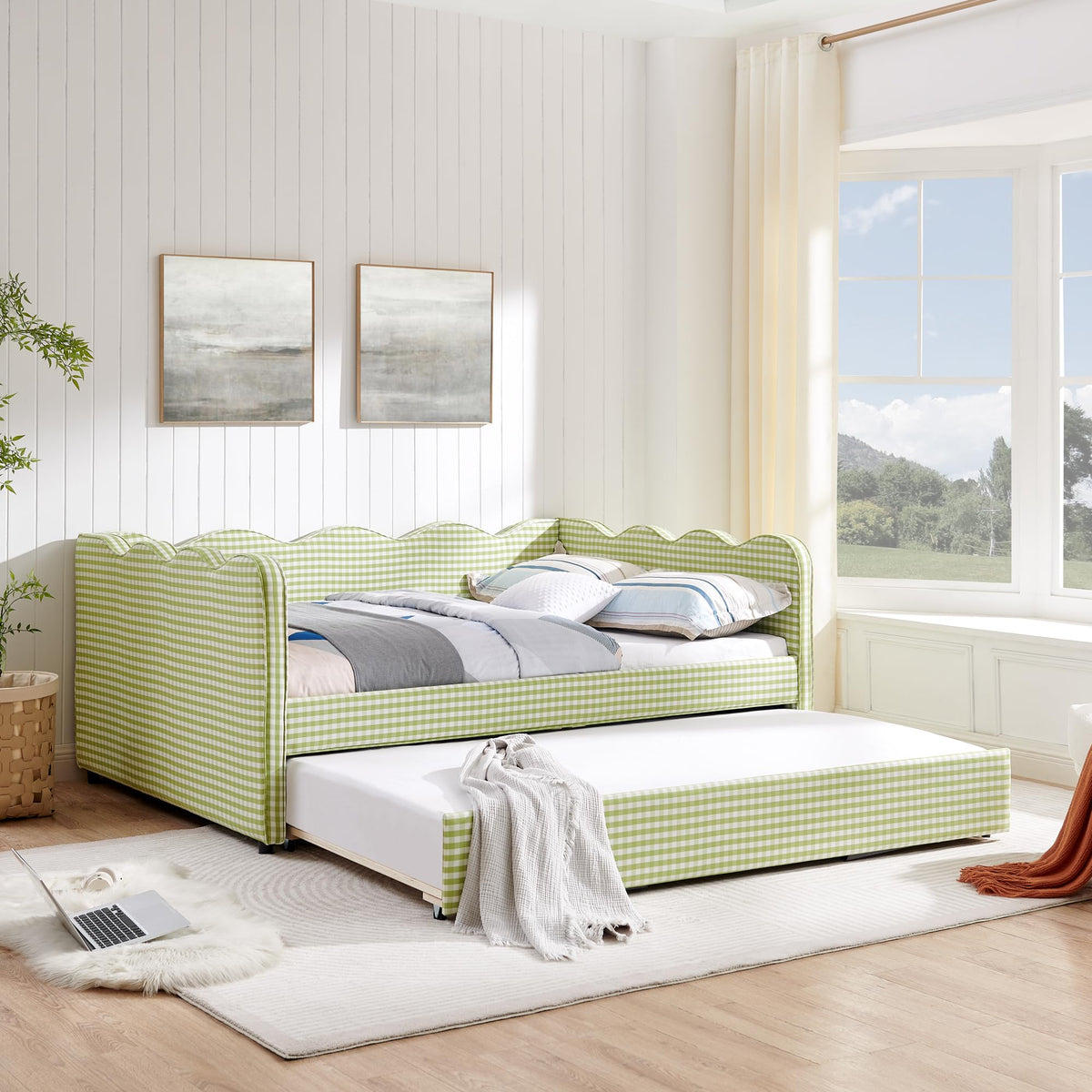 Green Gingham Full to King Upholstered Daybed with Trundle I227