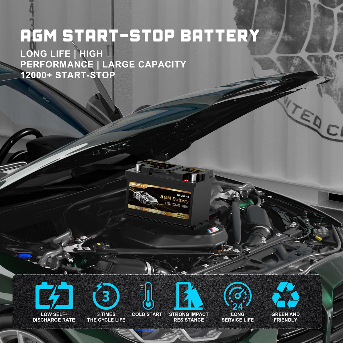 Group Size 48 AGM Car Battery, 12V 70 AH, 800 CCA E512