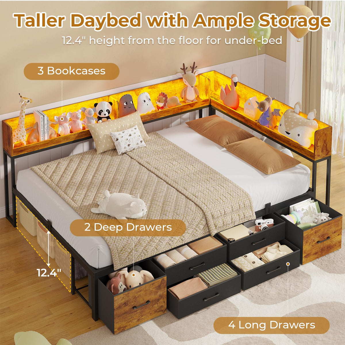 14 Inch Corner Bed Frame with Bookcase Storage, Full Daybed with 6 Drawers, Charging Station and LED Light, Black & Vintage Brown W460