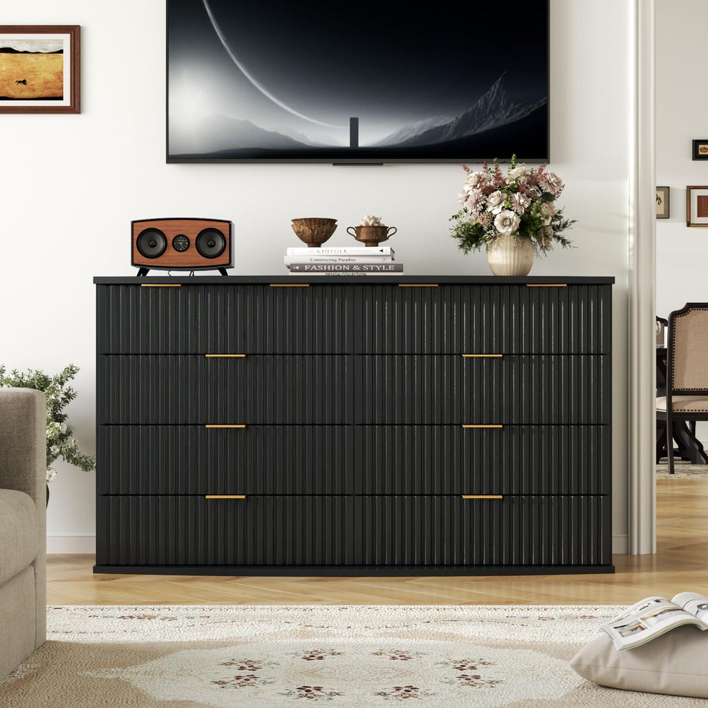 Black 8 Drawer Fluted Wood Dresser with Power Outlet K18676
