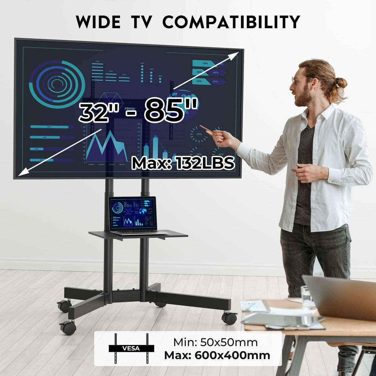 Rolling TV Stand with Tilt, Black H314