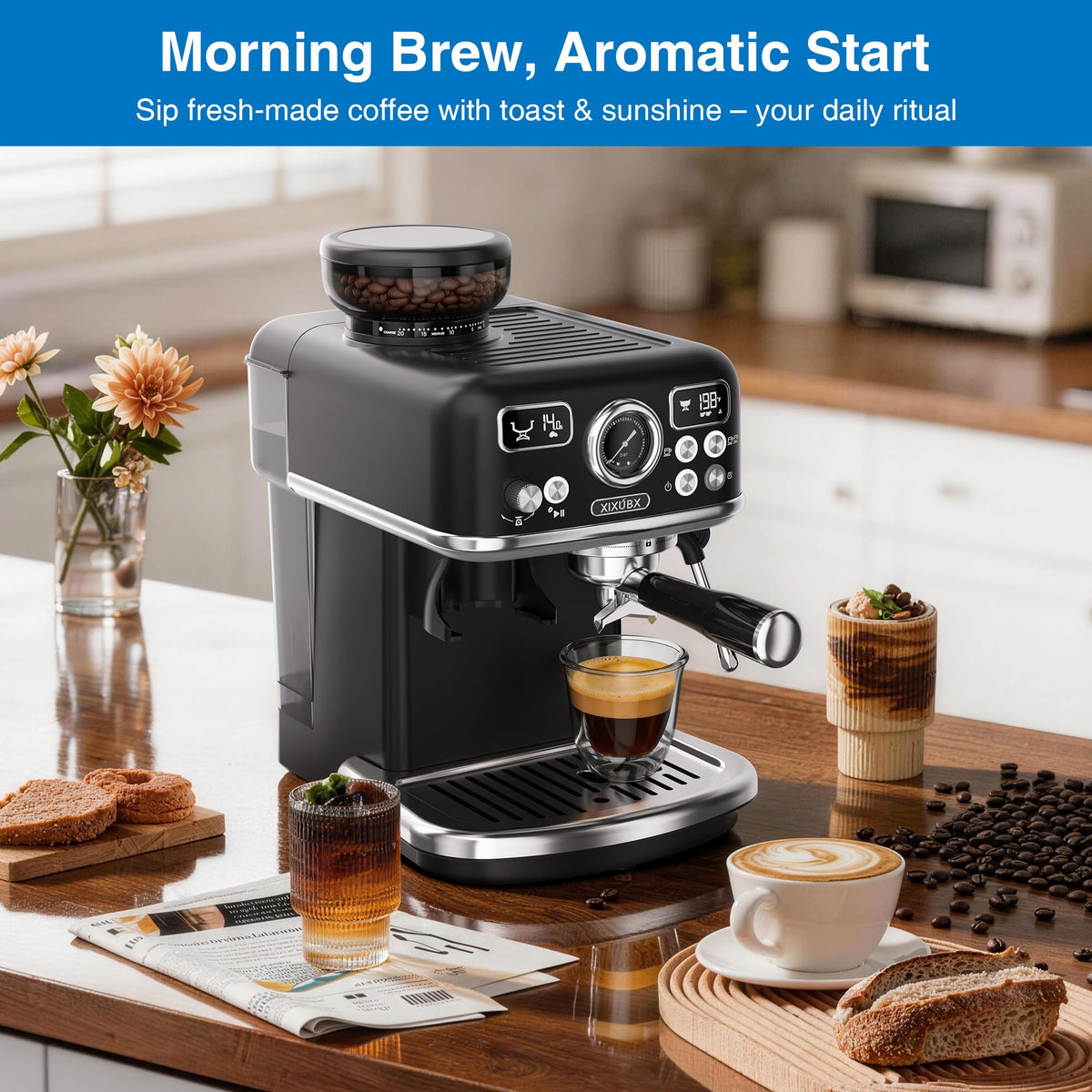 Espresso Machine with Grinder, PID & Programmable Settings, Black B15905