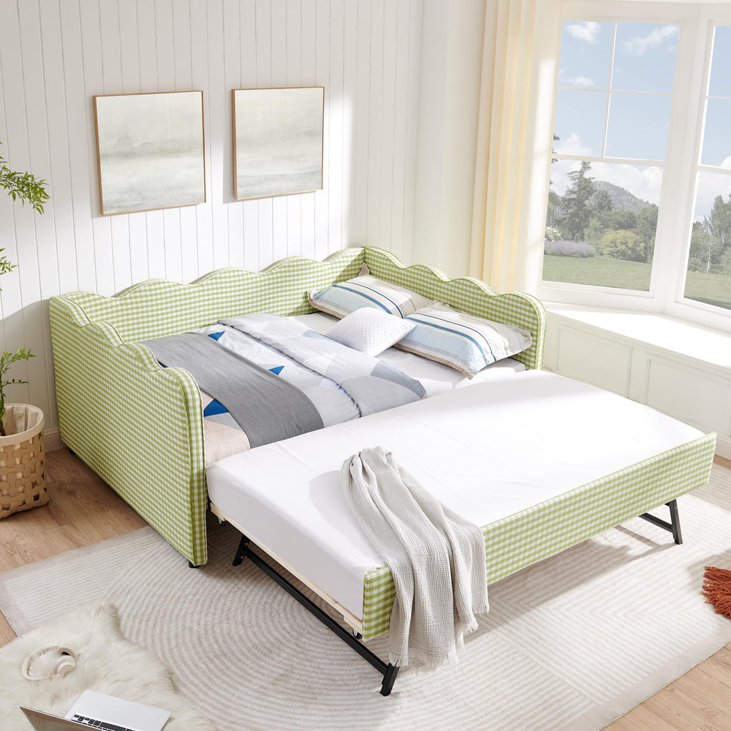 Green Gingham Full to King Upholstered Daybed with Trundle I227