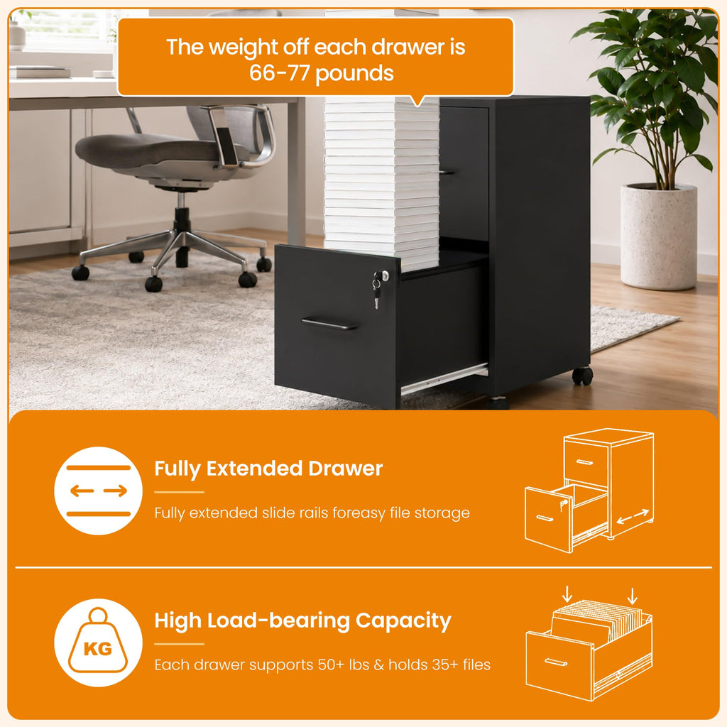 Black 2 Drawer Metal File Cabinet with Wheels and Lock P362045