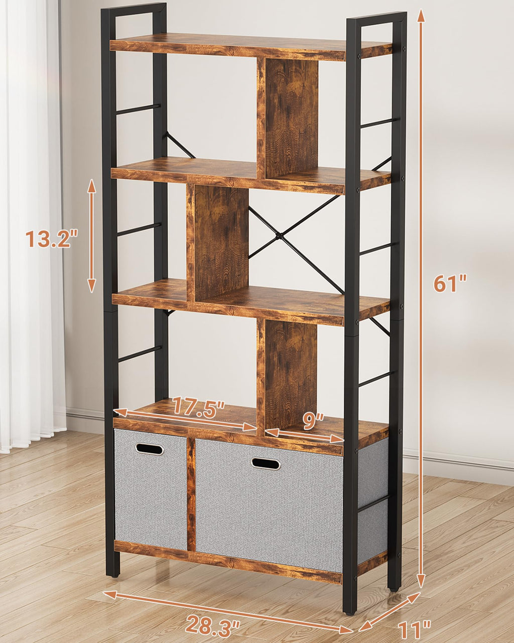5 Tier Rustic Brown Bookshelf with Drawers R840