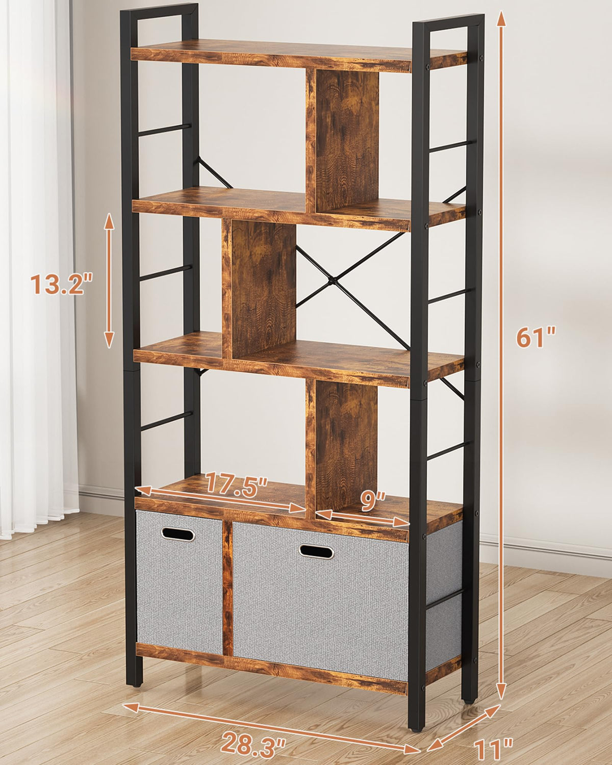 5 Tier Rustic Brown Bookshelf with Drawers R840