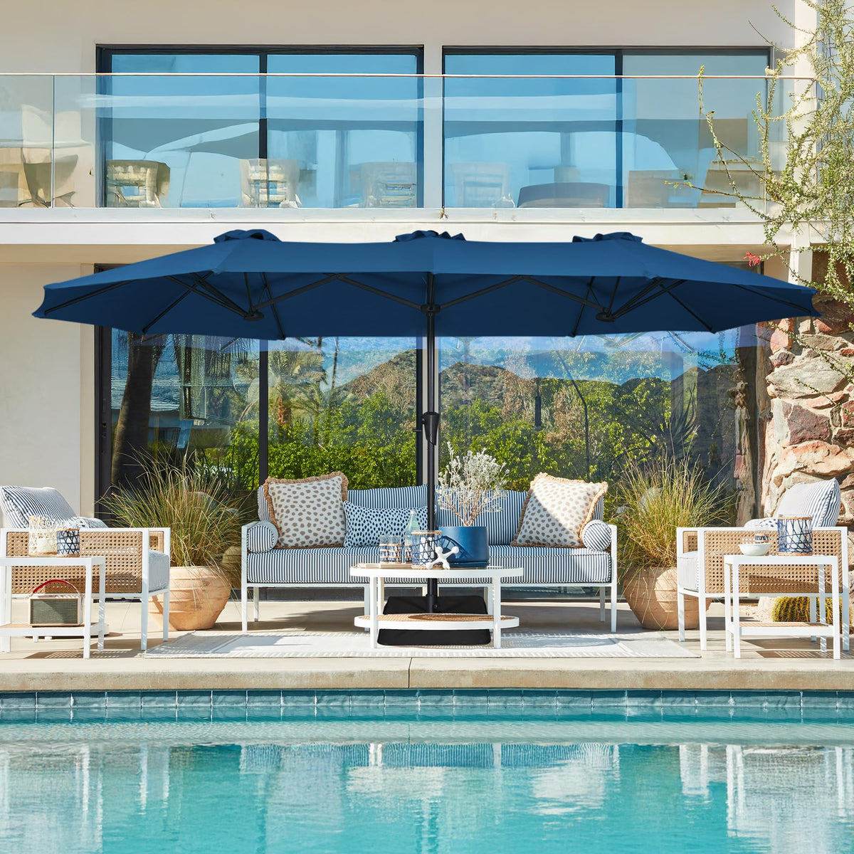 13FT Double Sided Navy Blue Patio Umbrella with Base I3724