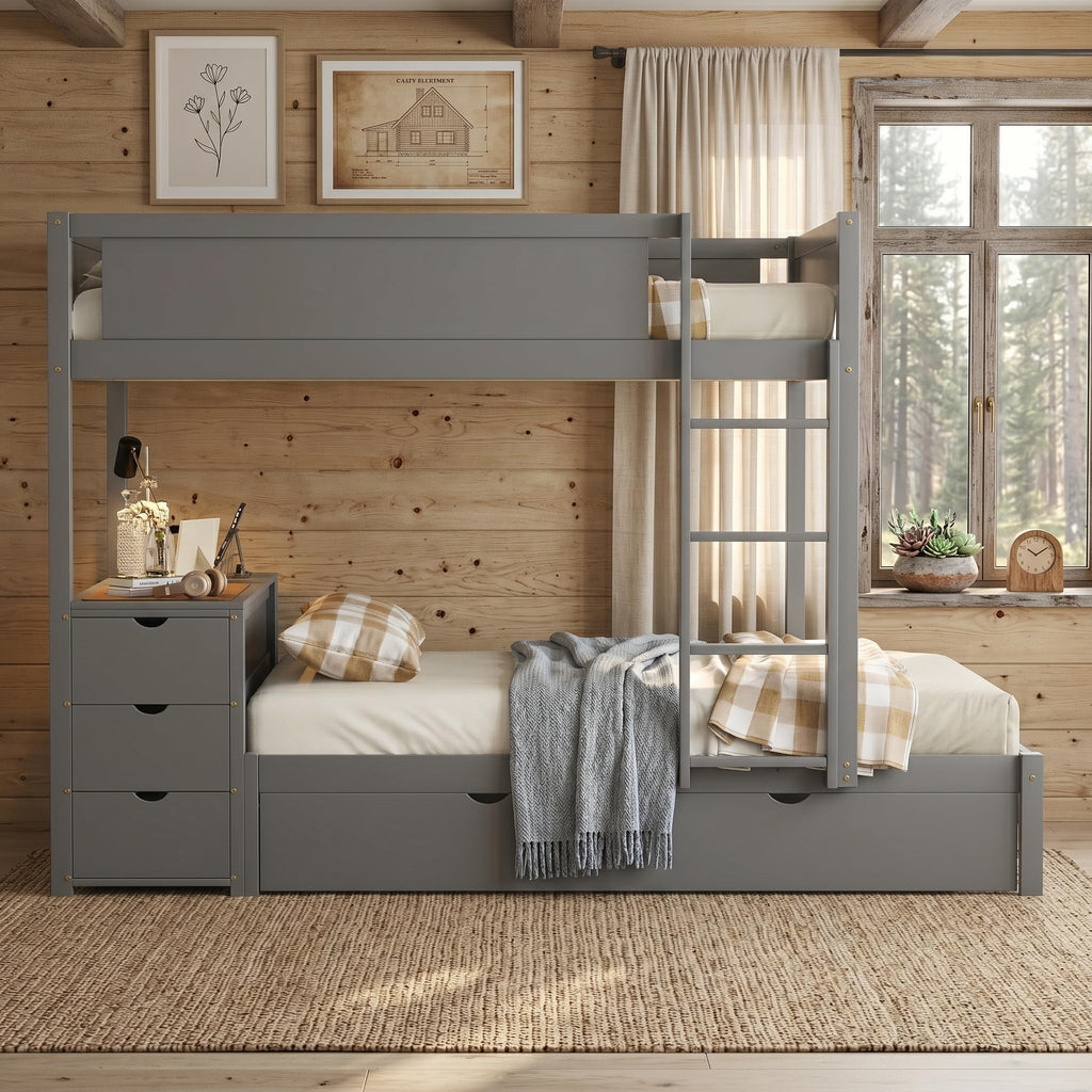 Gray Wood Full Over Full Bunk Bed with Twin Trundle Z381