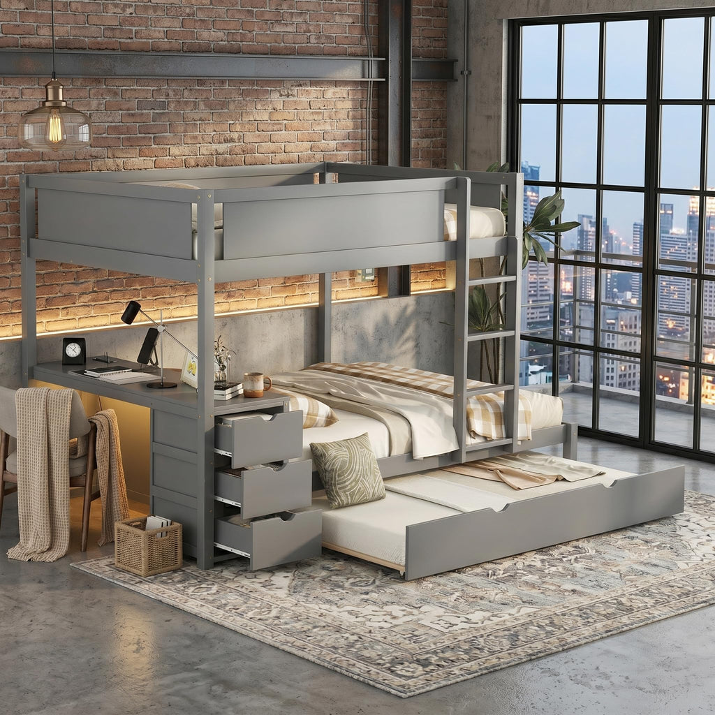 Gray Wood Full Over Full Bunk Bed with Twin Trundle Z381